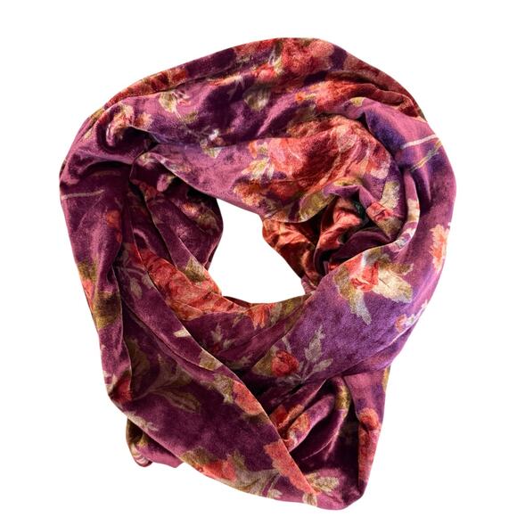 Lauren Ralph Lauren Floral Velvet Infinity Scarf Plum Purple Pink Roses - Picture 1 of 5
